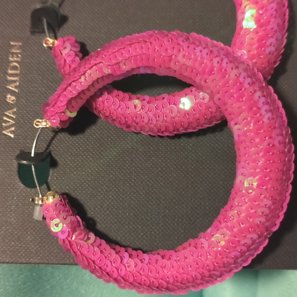 Pink Sequined Hoop Earrings | 2.5" Statement Hoops new - Picture 2 of 6